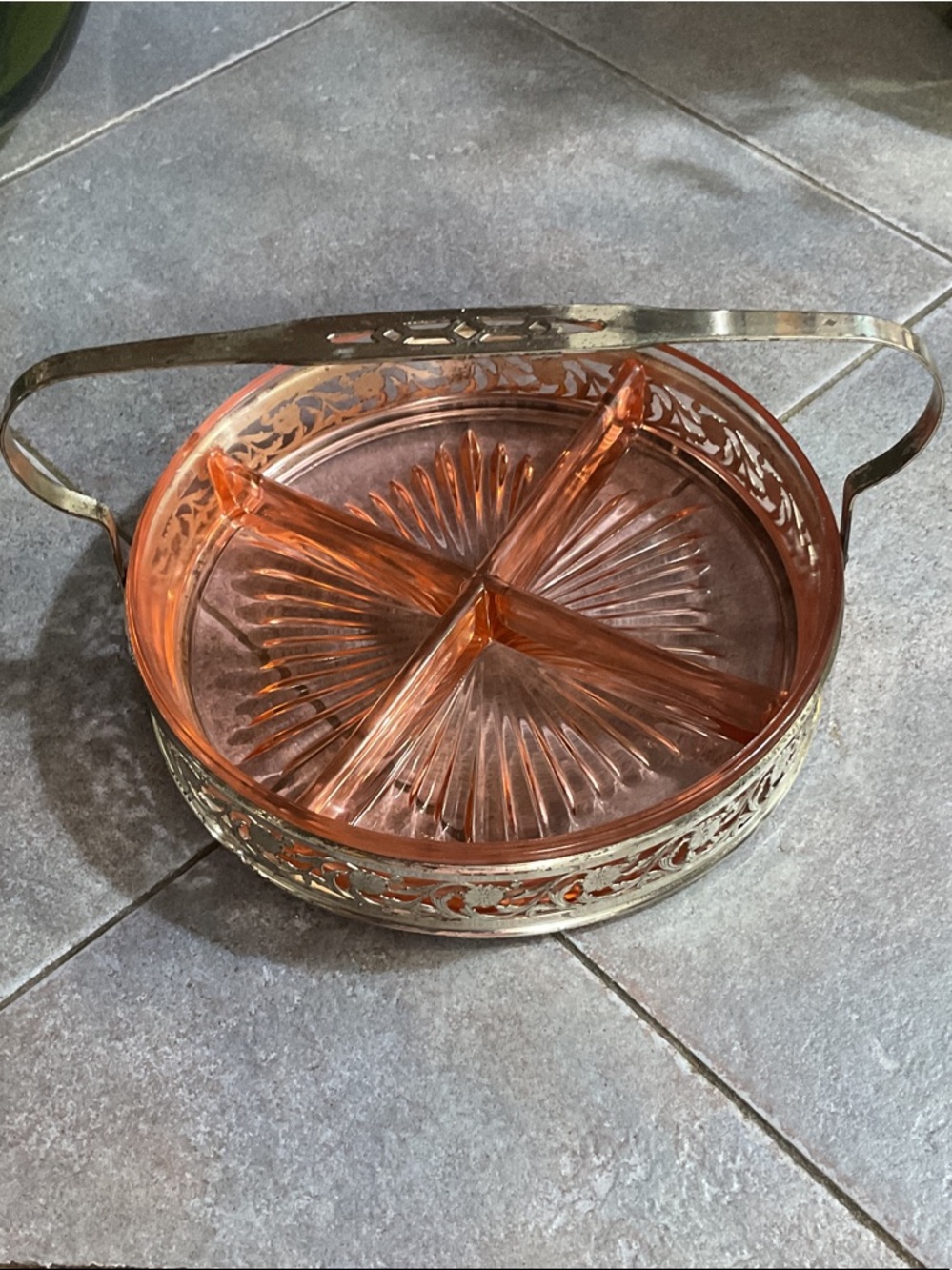 Vintage Pink/Peach Glass Divided Serving Dish with Brass Carrier - Picture 1 of 7